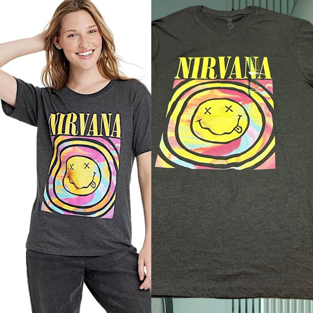 NIRVANA  Women’s Charcoal Tee with Neon Swirl Smiley L
